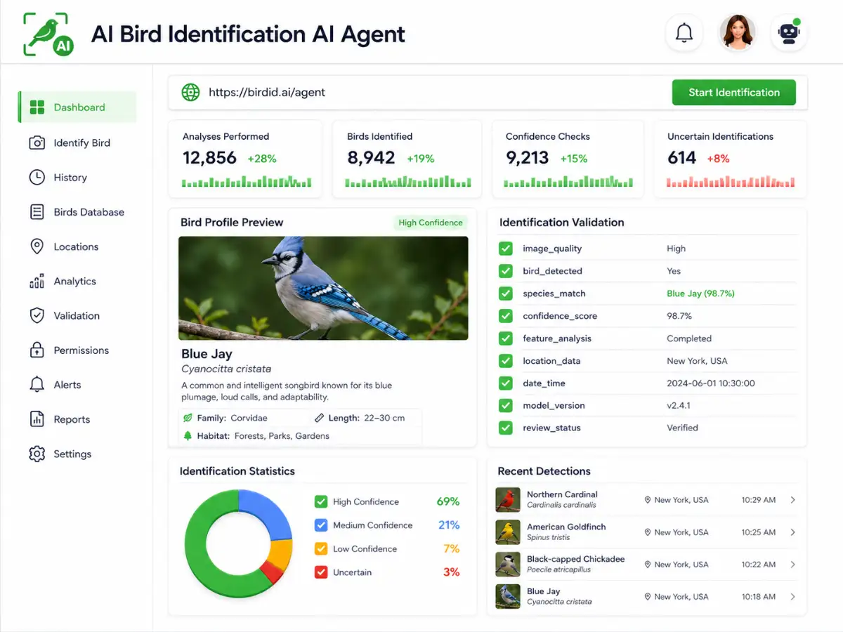aibirdidentification.app AI bird identification assistant app — bird identification dashboard preview
